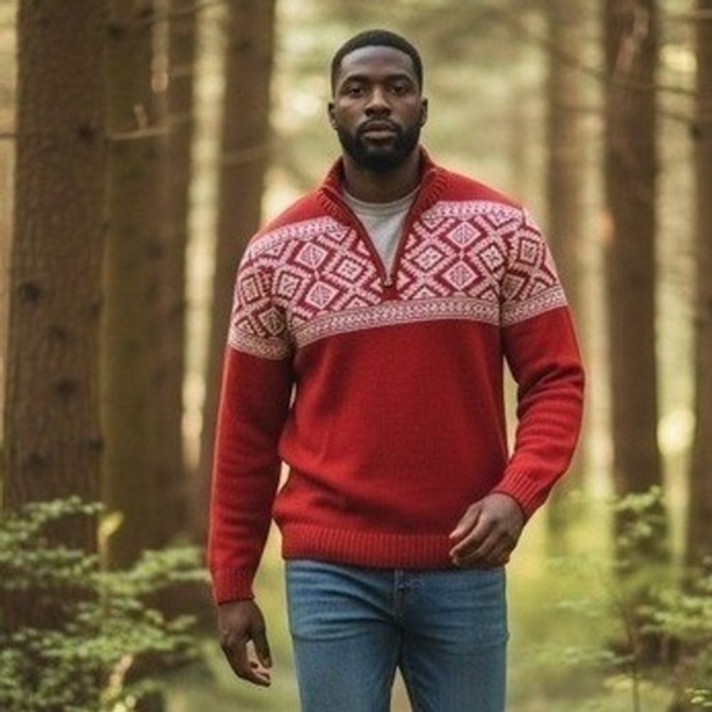 Izod Red and White Zip-Up Fair Isle Sweater